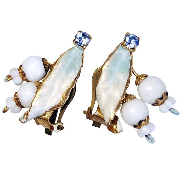 VTG Made In Austria Clip On Earrings White Glass Blue Rhinestone 1950s - Picture 1 of 13